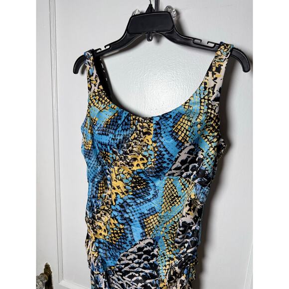 VTG Signature by Sangria Y2K Ruched Snake Satin Teal Blue Sleeveless Dress 10 - Picture 4 of 9